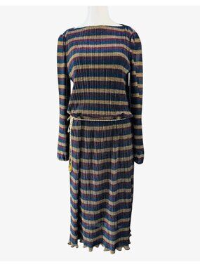 Vtg 70s Sue Brett Dress M Metallic Lurex Striped Disco Glam Made in USA Union